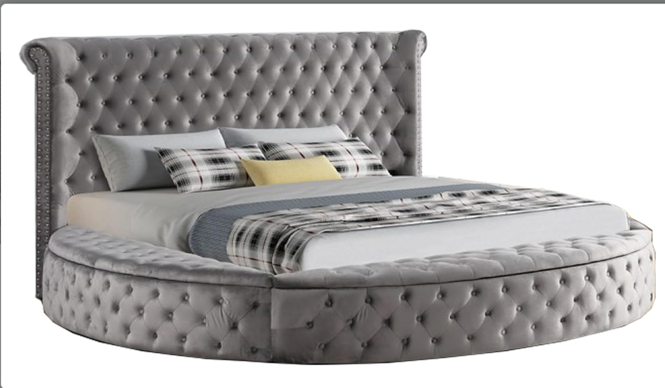 Circle Velvet Tufted upholstered Platform Storage Bed, Circle Bed with Button Tufting and Storage Compartments in Rails and Footboard, Circle Bed Frame (Grey, Eastern King)