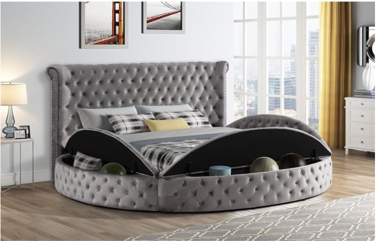Circle Velvet Tufted upholstered Platform Storage Bed, Circle Bed with Button Tufting and Storage Compartments in Rails and Footboard, Circle Bed Frame (Grey, Eastern King)