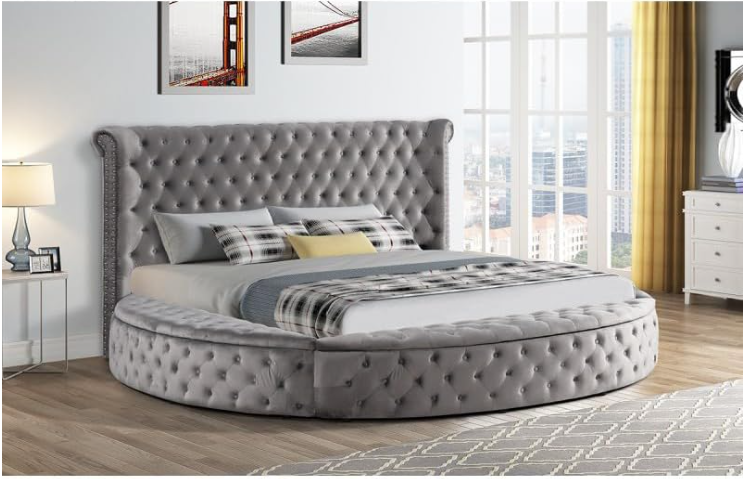 Circle Velvet Tufted upholstered Platform Storage Bed, Circle Bed with Button Tufting and Storage Compartments in Rails and Footboard, Circle Bed Frame (Grey, Eastern King)