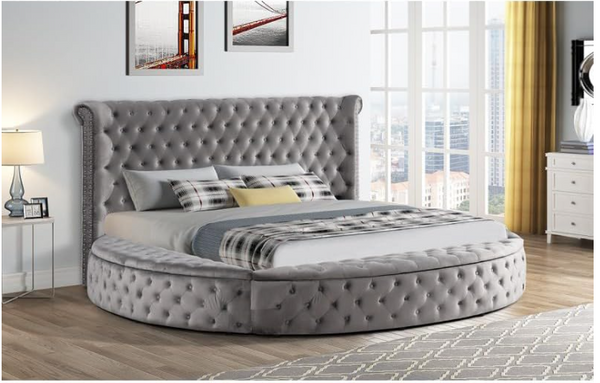 Circle Velvet Tufted upholstered Platform Storage Bed, Circle Bed with Button Tufting and Storage Compartments in Rails and Footboard, Circle Bed Frame (Grey, Eastern King)